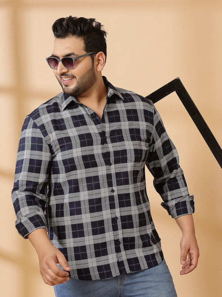 Plus Size Men Spread Collar Tartan Checked Cotton Casual Shirt