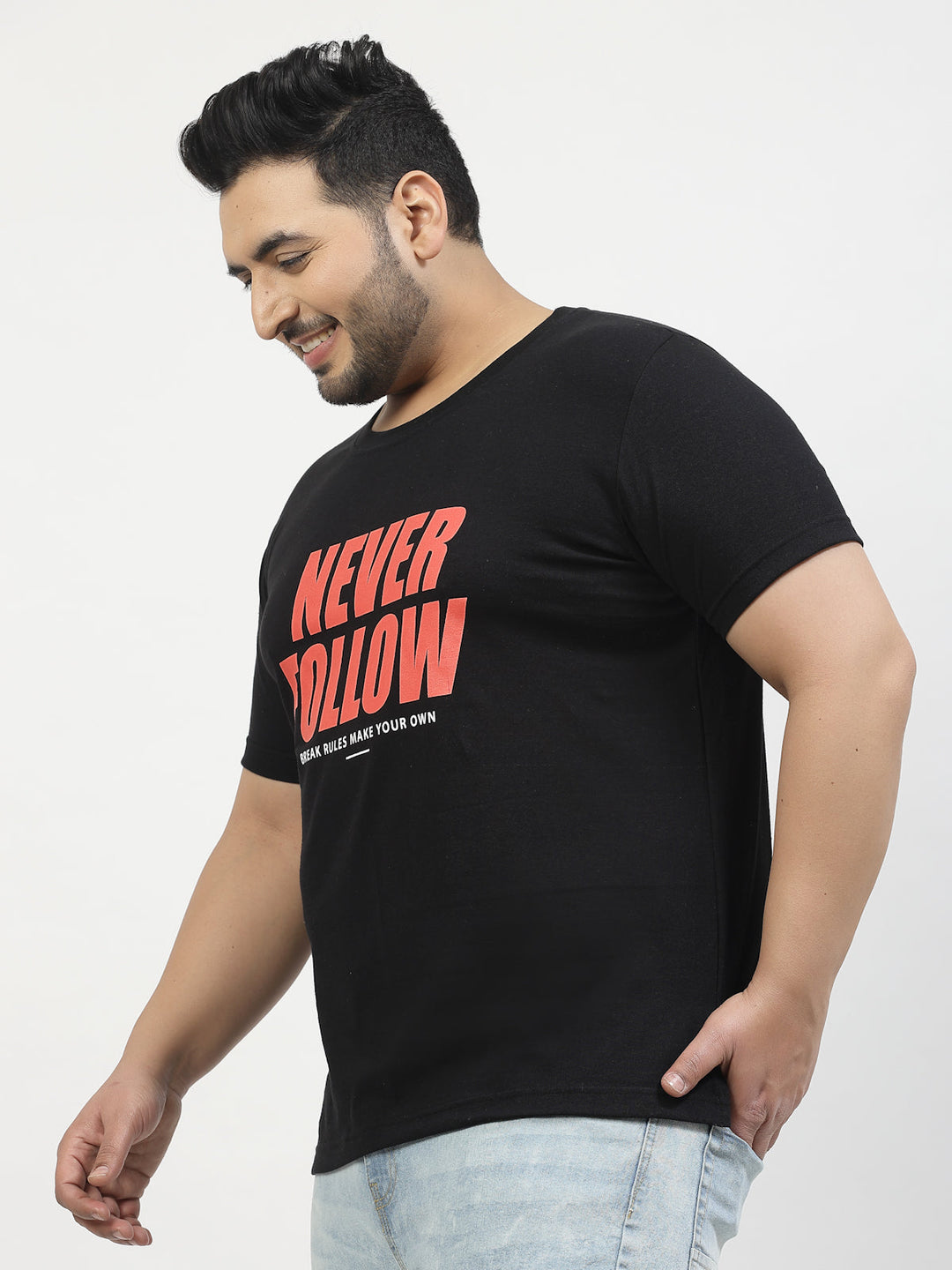 Plus Size Men  Black Typography Printed T-shirt