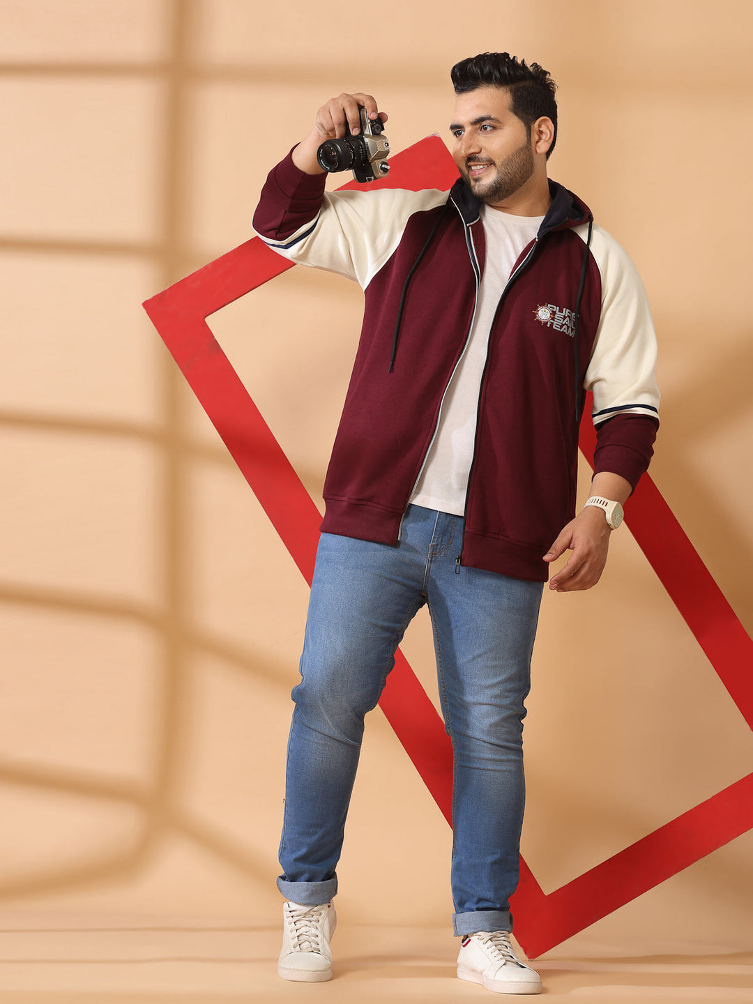 Plus Size Men Solid High Neck Cotton Front-Open Sweatshirt
