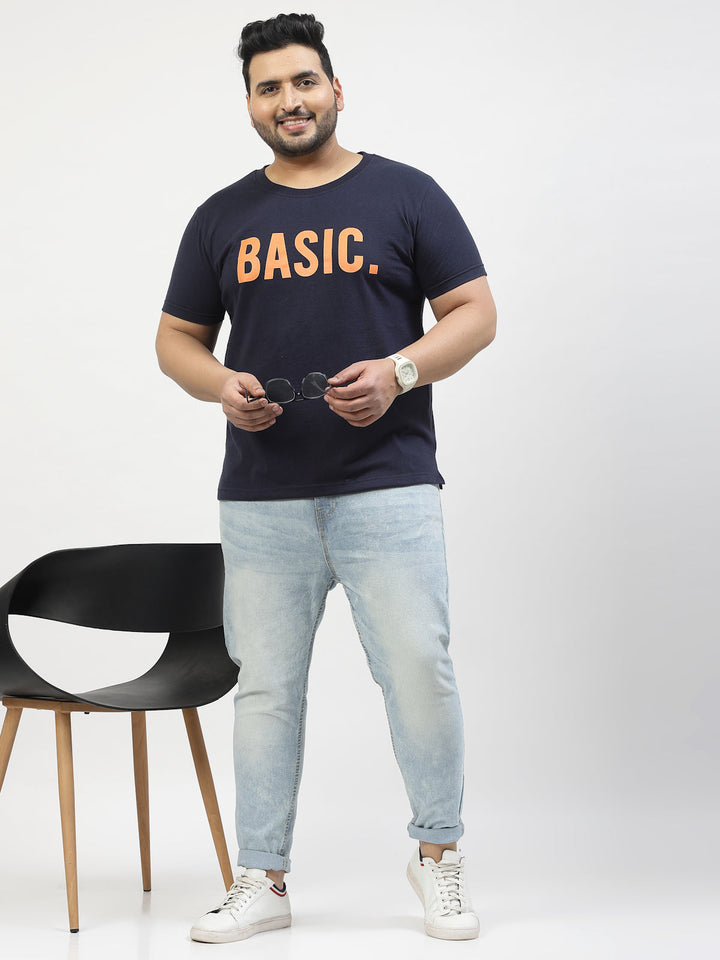 Plus Size Men Navy Blue Printed Pure Cotton T-shirt
