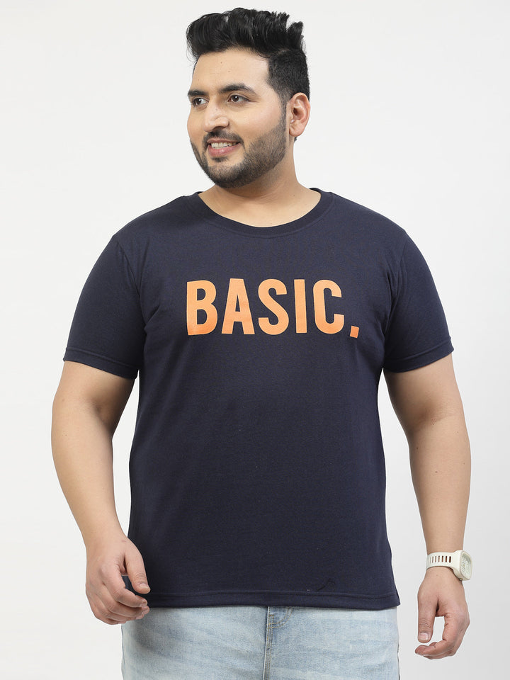 Plus Size Men Navy Blue Printed Pure Cotton T-shirt