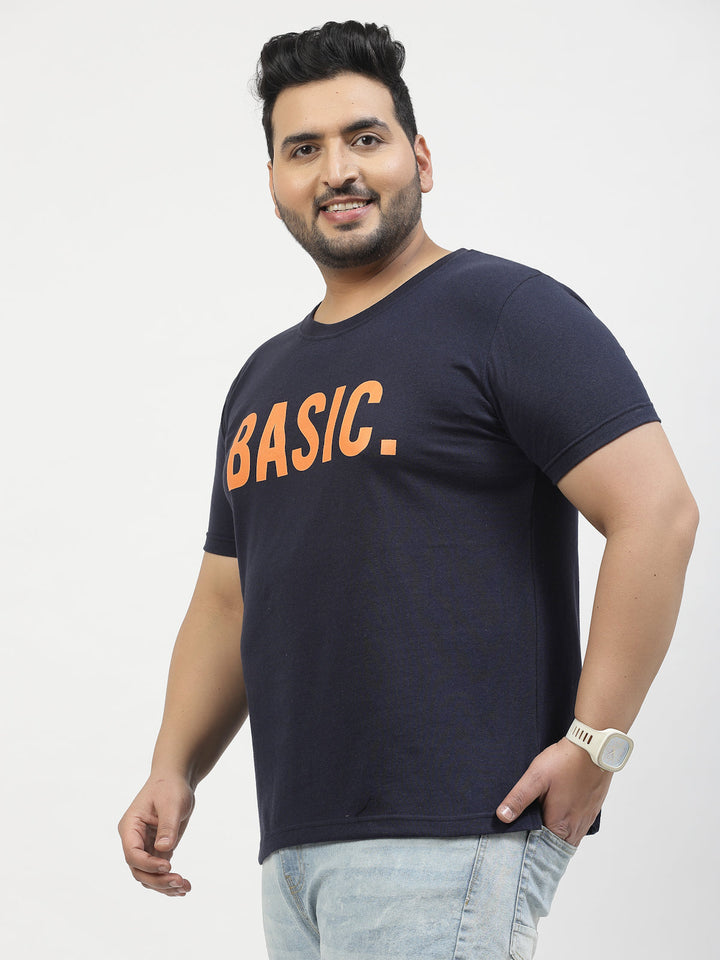 Plus Size Men Navy Blue Printed Pure Cotton T-shirt