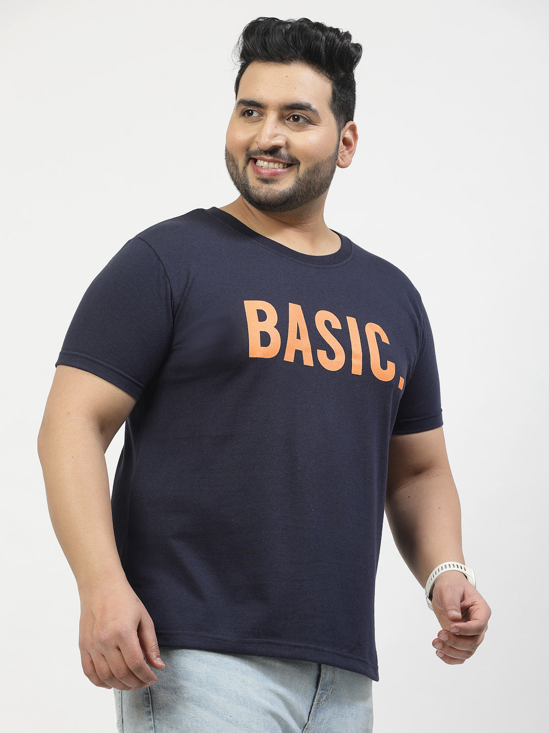 Plus Size Men Navy Blue Printed Pure Cotton T-shirt