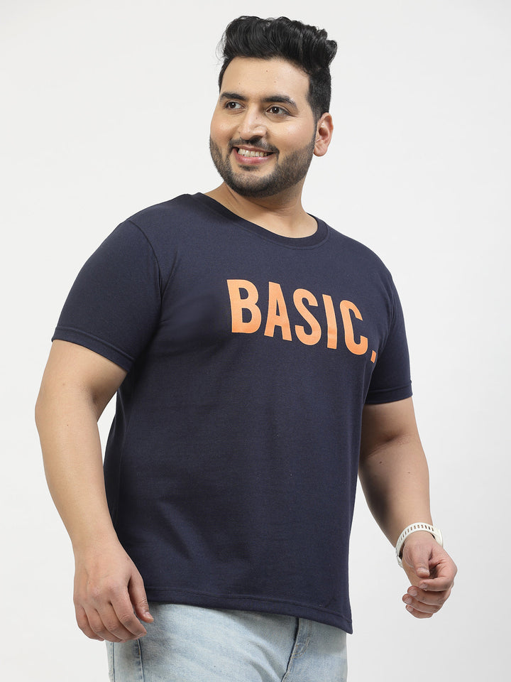 Plus Size Men Navy Blue Printed Pure Cotton T-shirt