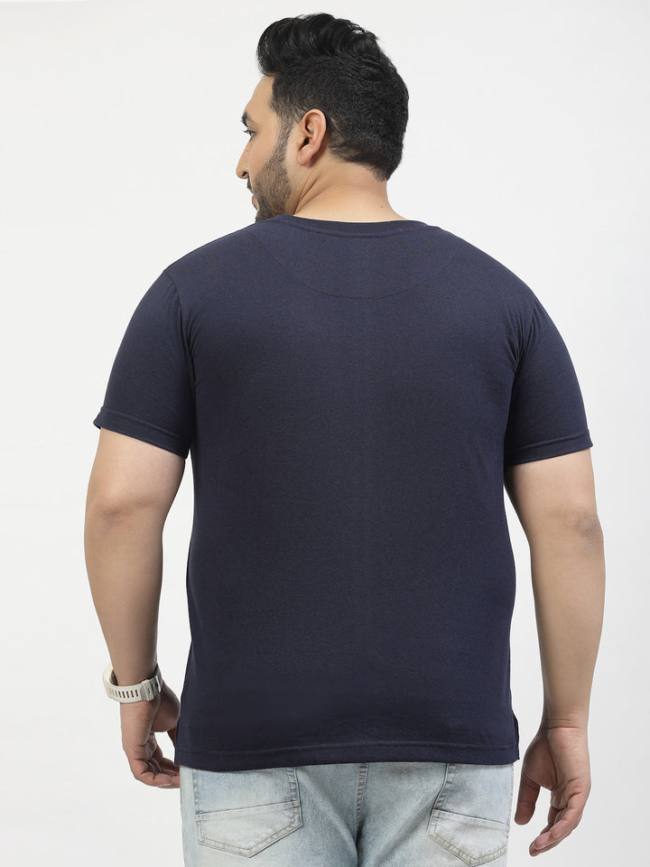 Plus Size Men Navy Blue Printed Pure Cotton T-shirt