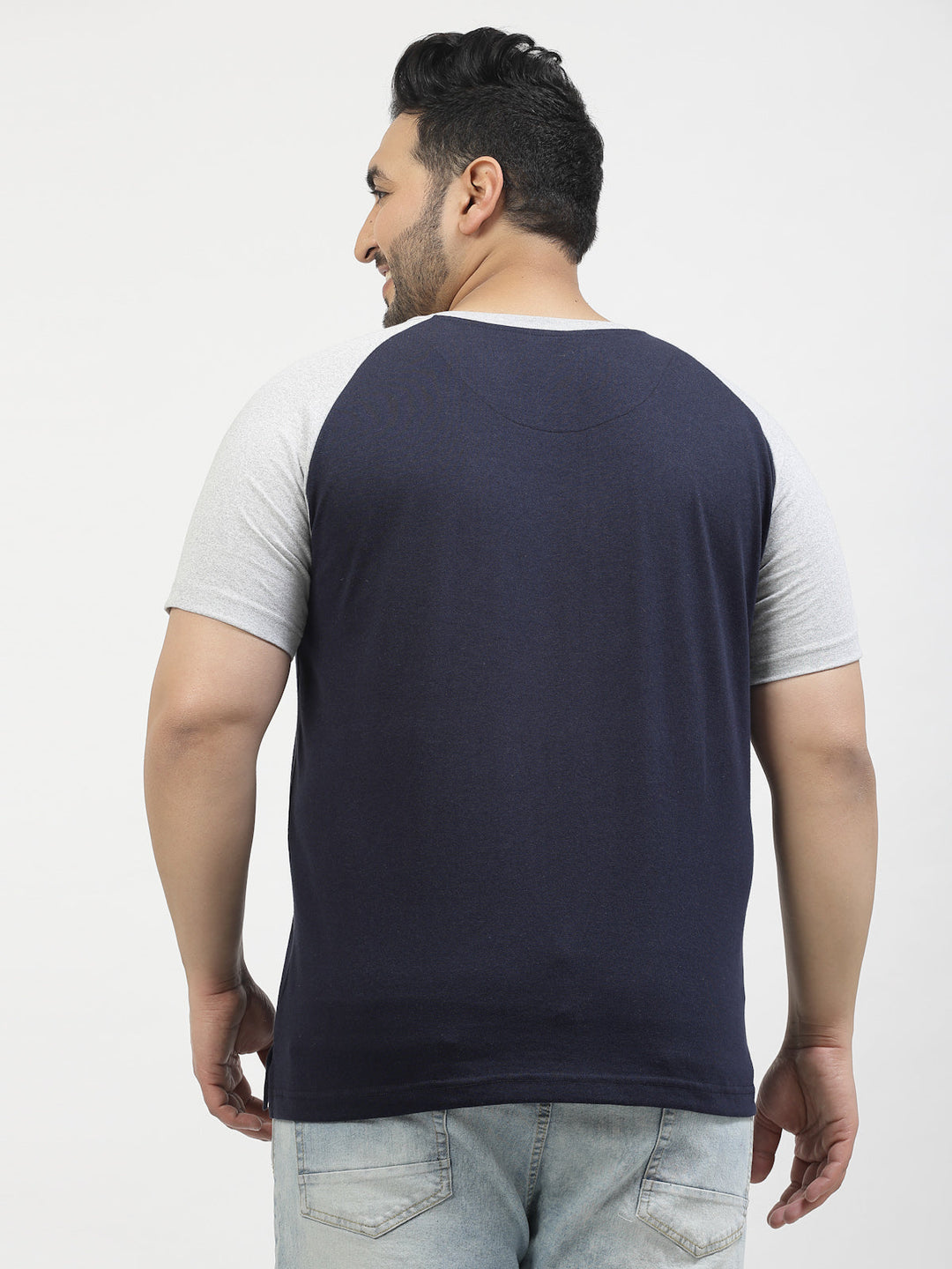 Plus Size Men Grey Navy Round Neck Pure Cotton T-shirt