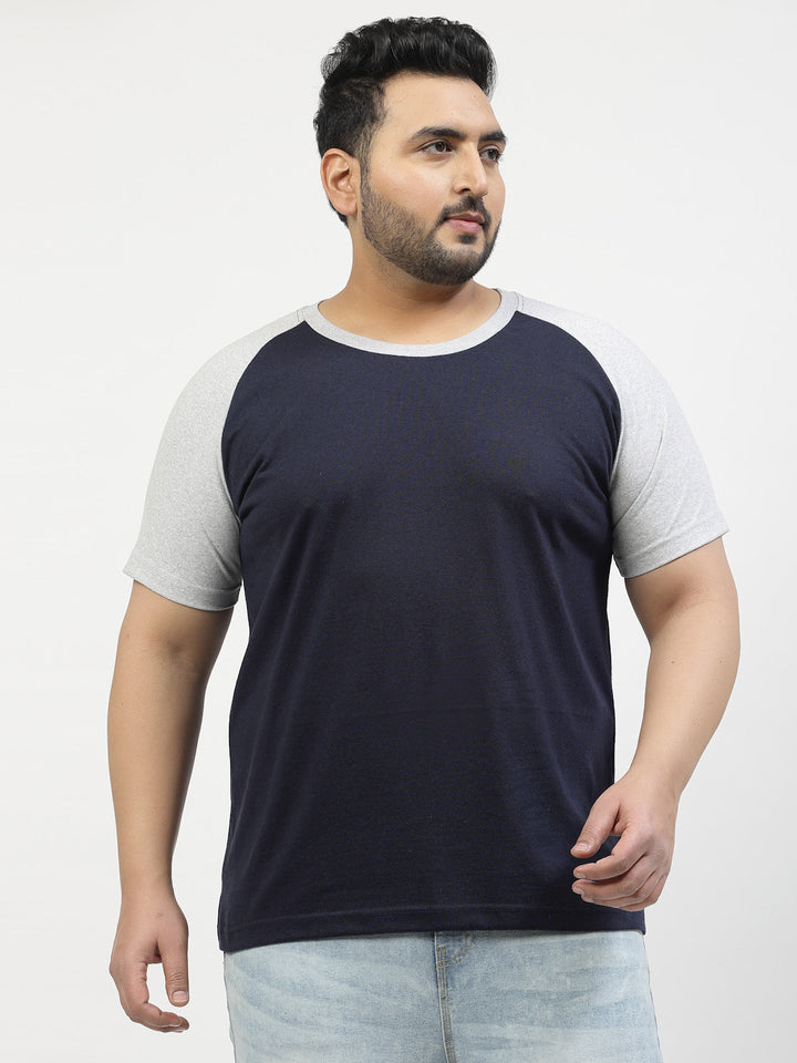 Plus Size Men Grey Navy Round Neck Pure Cotton T-shirt
