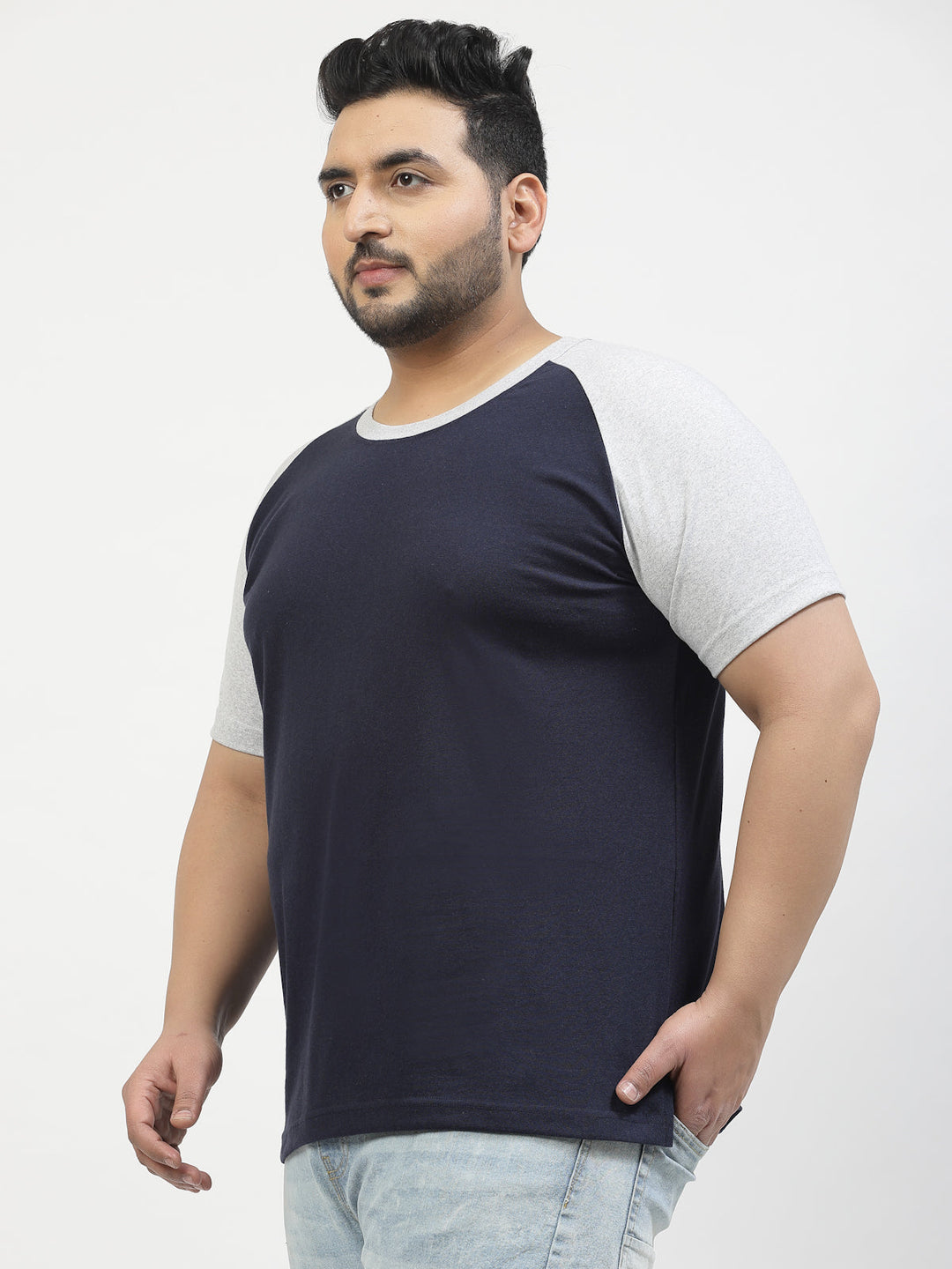 Plus Size Men Grey Navy Round Neck Pure Cotton T-shirt