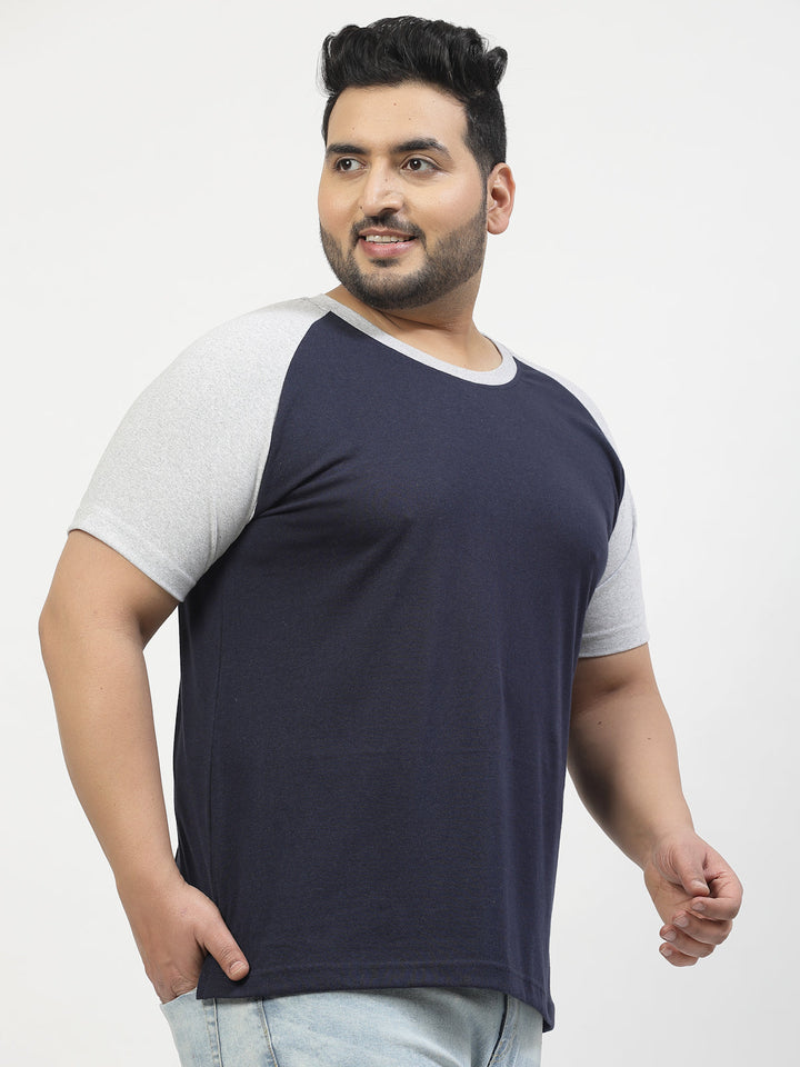 Plus Size Men Grey Navy Round Neck Pure Cotton T-shirt