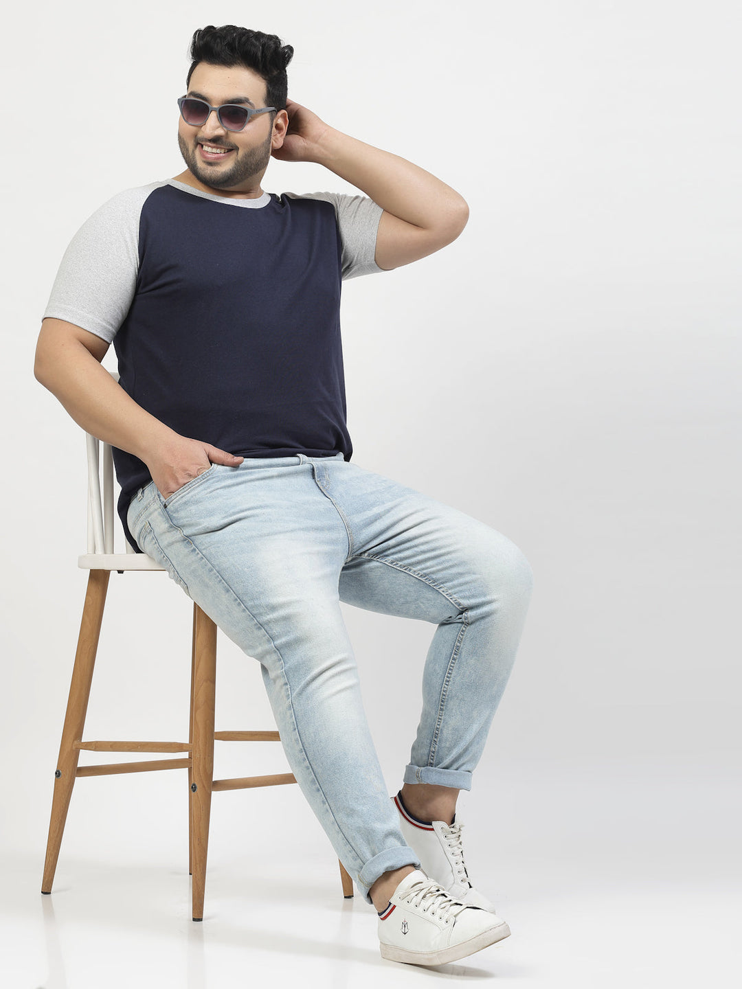 Plus Size Men Grey Navy Round Neck Pure Cotton T-shirt