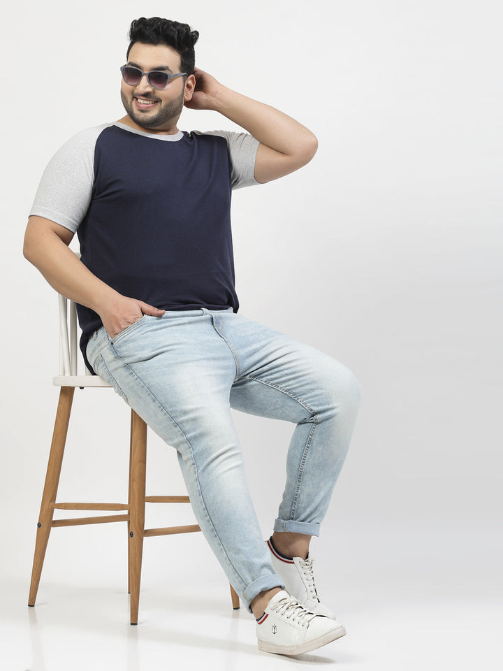 Plus Size Men Grey Navy Round Neck Pure Cotton T-shirt