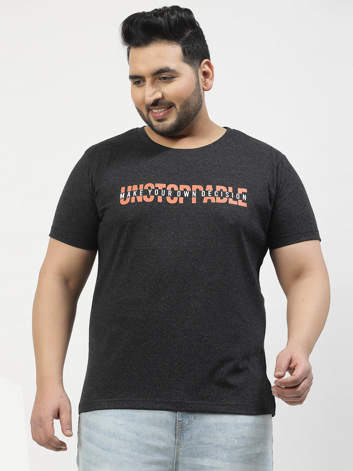 Plus Size Men  Grey & Yellow Pure Cotton T-shirt