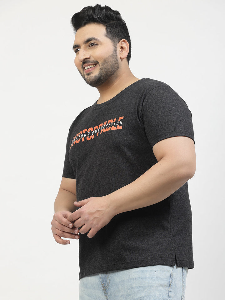 Plus Size Men  Grey & Yellow Pure Cotton T-shirt
