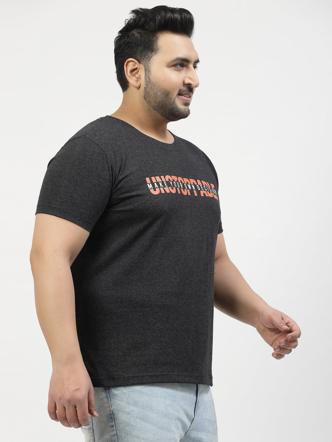 Plus Size Men  Grey & Yellow Pure Cotton T-shirt