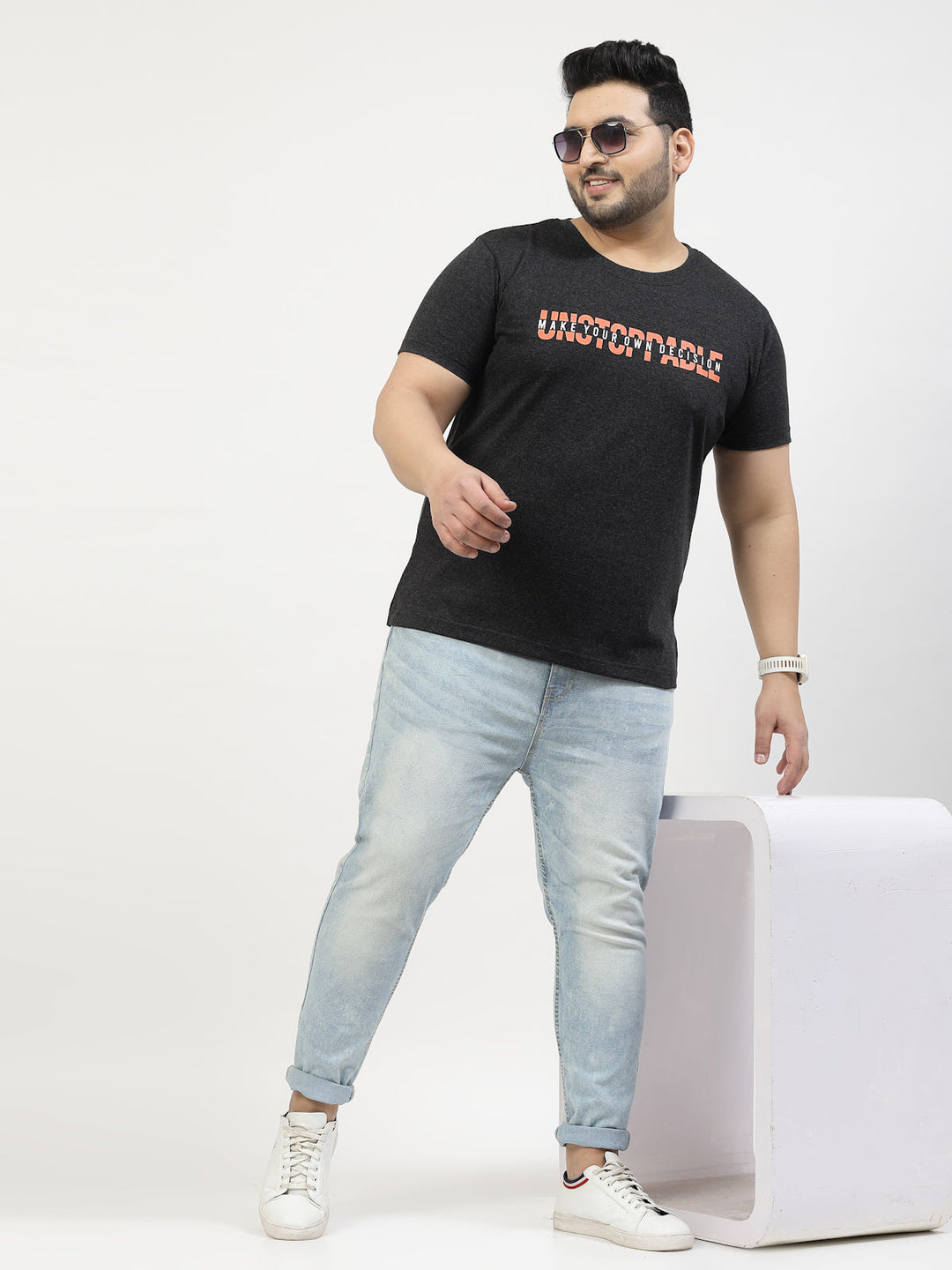Plus Size Men  Grey & Yellow Pure Cotton T-shirt