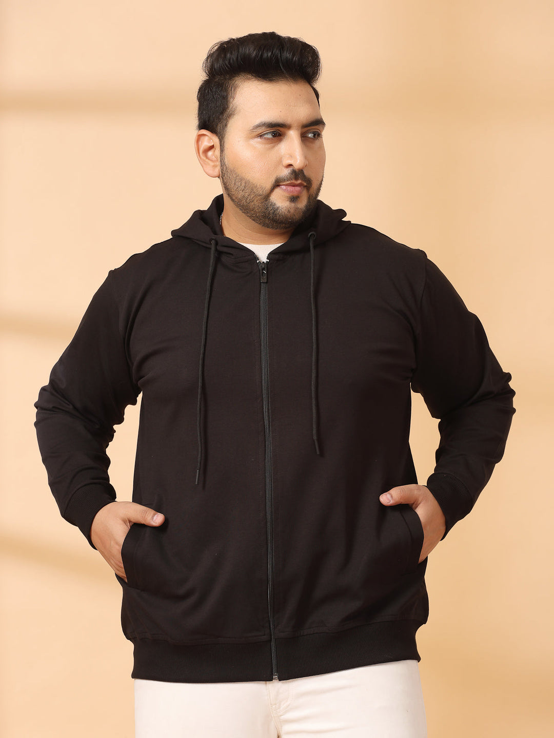 Plus Size Men Solid High Neck Cotton Front-Open Sweatshirt