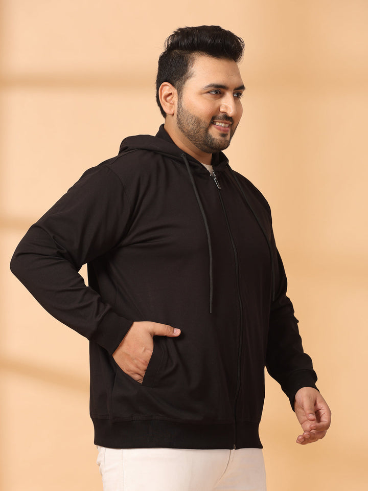 Plus Size Men Solid High Neck Cotton Front-Open Sweatshirt
