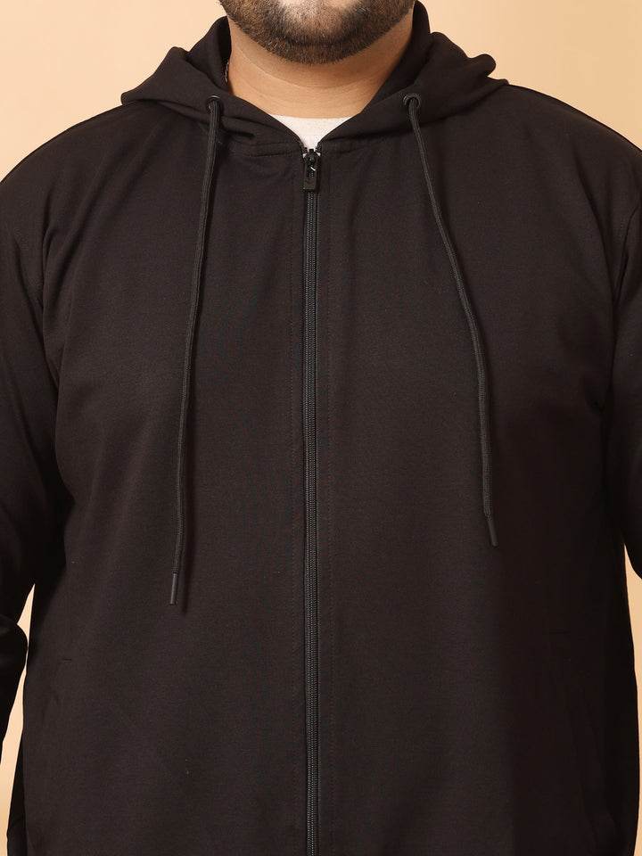 Plus Size Men Solid High Neck Cotton Front-Open Sweatshirt