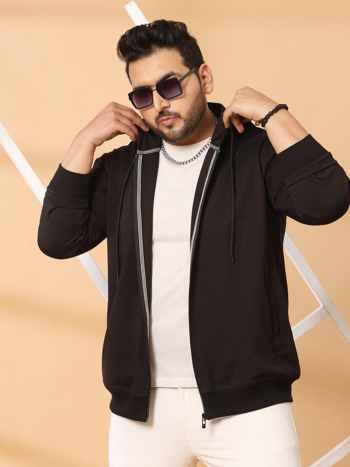 Plus Size Men Solid High Neck Cotton Front-Open Sweatshirt