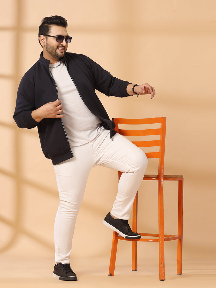 Plus Size Men Solid Cotton Front-Open Sweatshirt