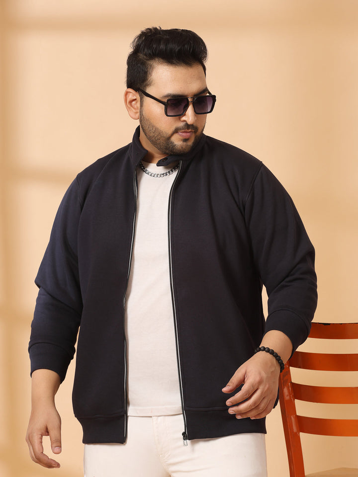 Plus Size Men Solid Cotton Front-Open Sweatshirt