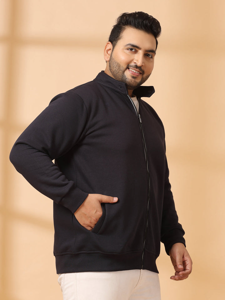 Plus Size Men Solid Cotton Front-Open Sweatshirt