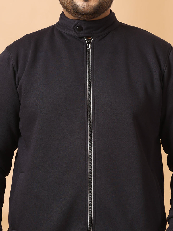 Plus Size Men Solid Cotton Front-Open Sweatshirt