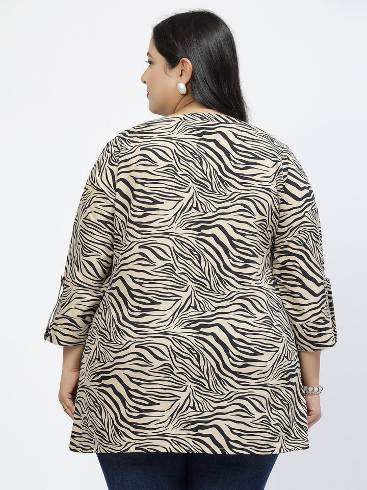 Plus Size Print Mandarin Collar Top