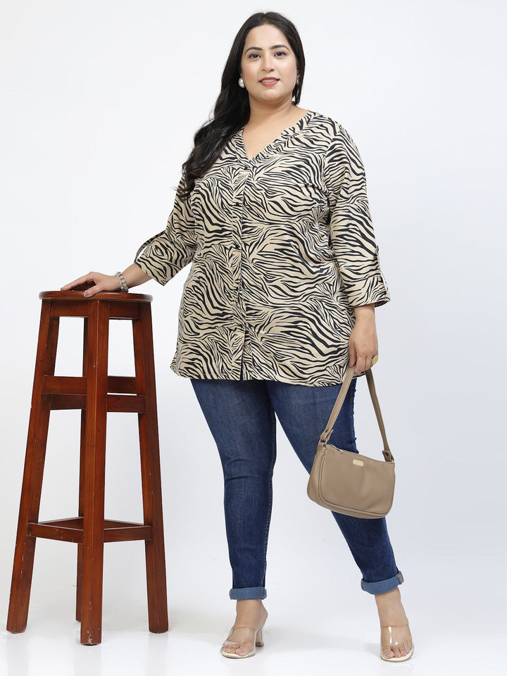 Plus Size Print Mandarin Collar Top