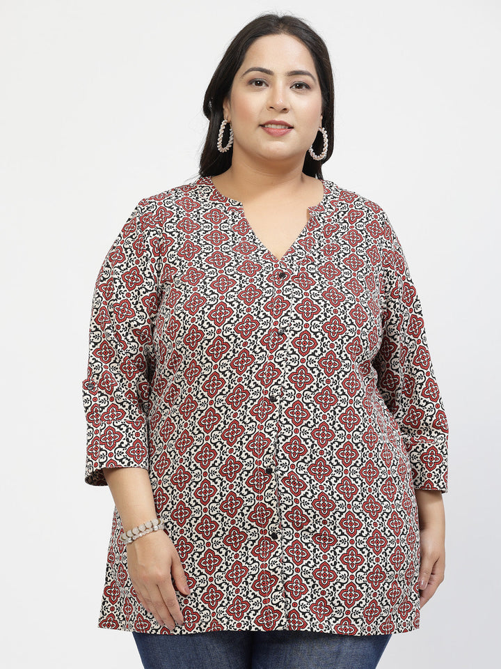 Plus Size Print Mandarin Collar Top
