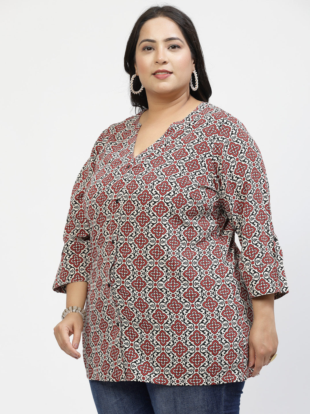 Plus Size Print Mandarin Collar Top