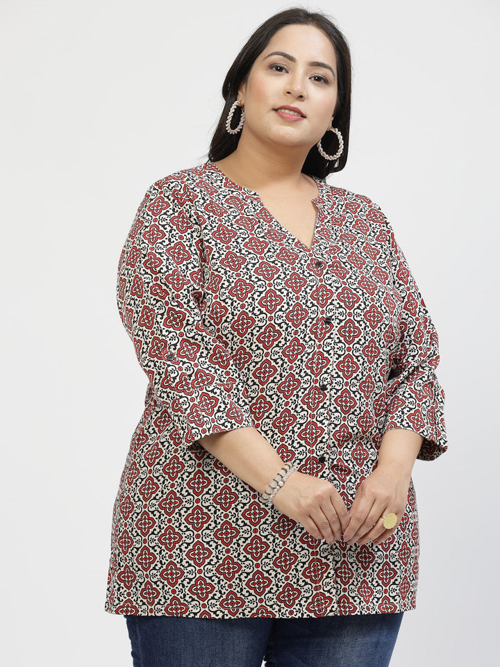 Plus Size Print Mandarin Collar Top