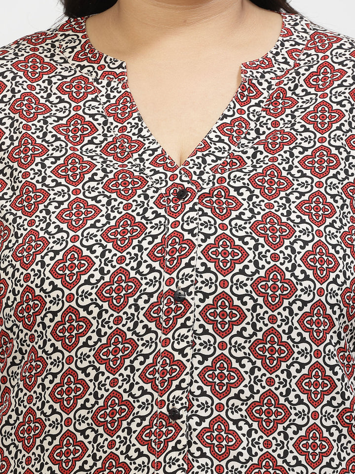 Plus Size Print Mandarin Collar Top