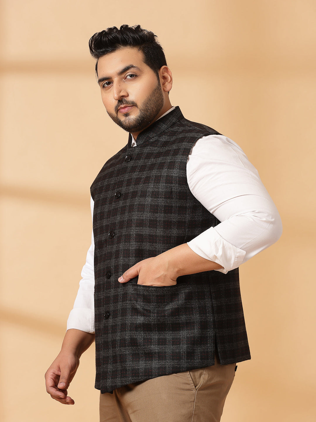 Plus Size Printed Woven Nehru Jacket