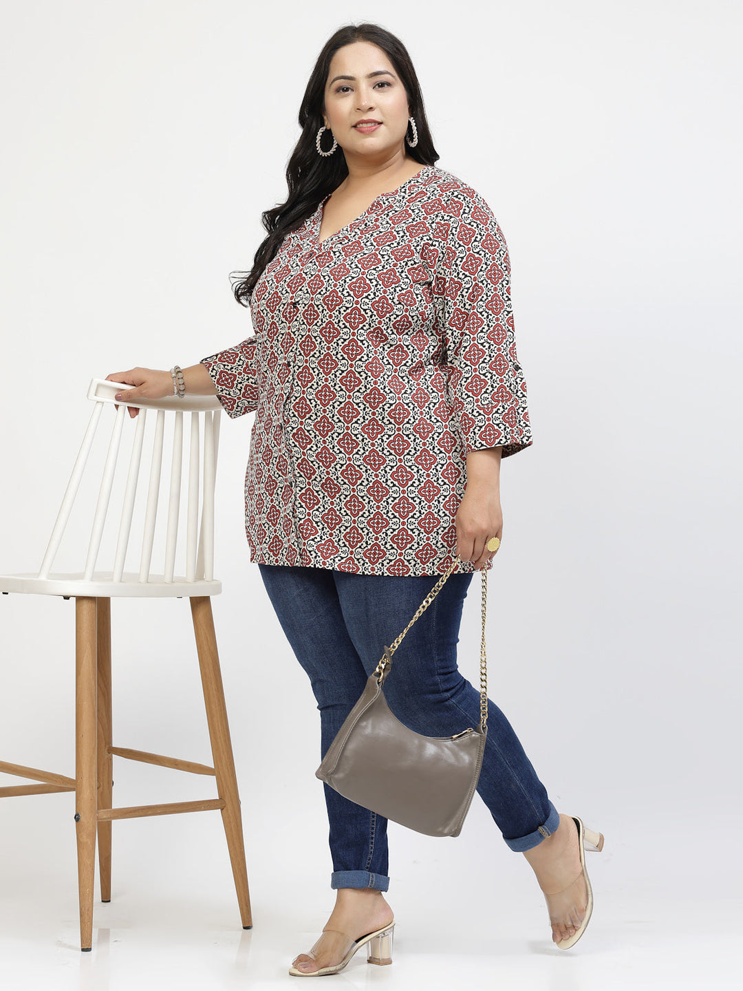 Plus Size Print Mandarin Collar Top