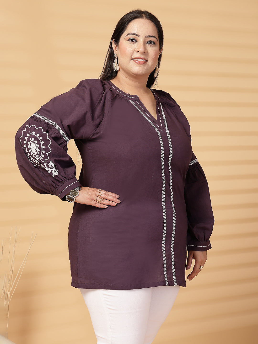 Plus Size Women  Solid V-Neck Top