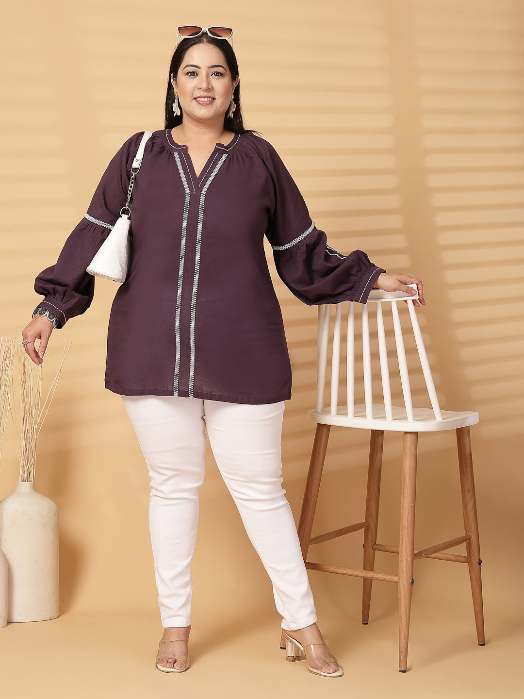 Plus Size Women  Solid V-Neck Top