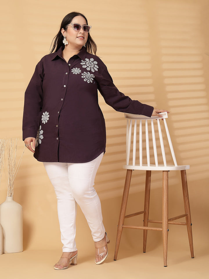 Plus Size Cotton Women Embroidered Spread Collar Shirt