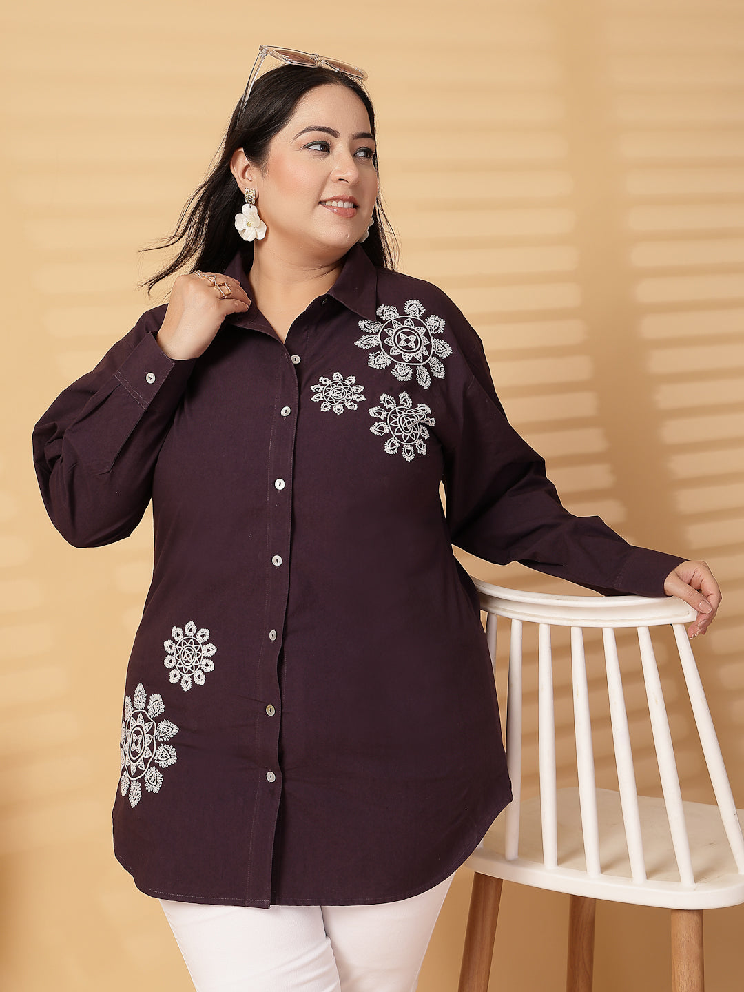 Plus Size Cotton Women Embroidered Spread Collar Shirt