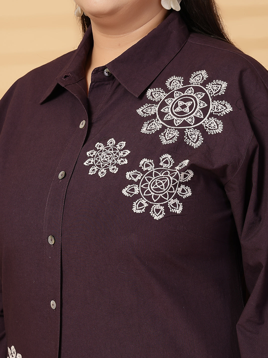 Plus Size Cotton Women Embroidered Spread Collar Shirt