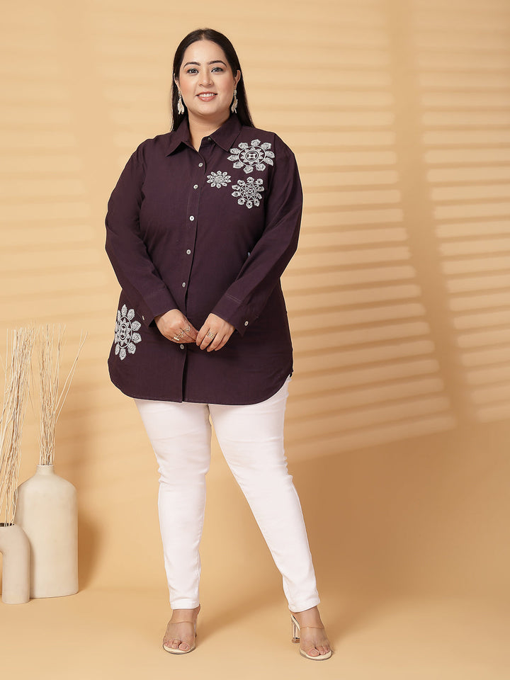 Plus Size Cotton Women Embroidered Spread Collar Shirt