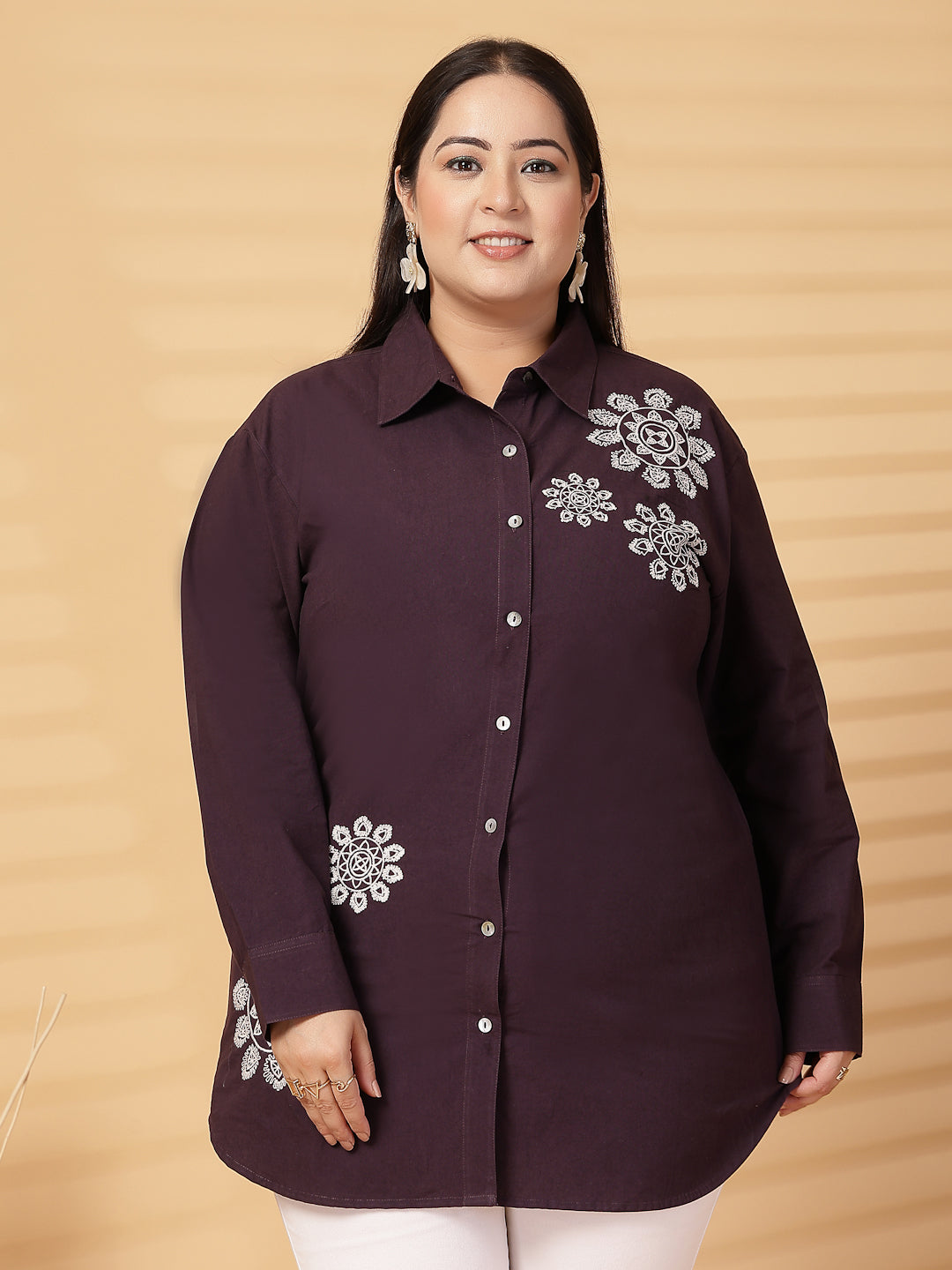 Plus Size Cotton Women Embroidered Spread Collar Shirt