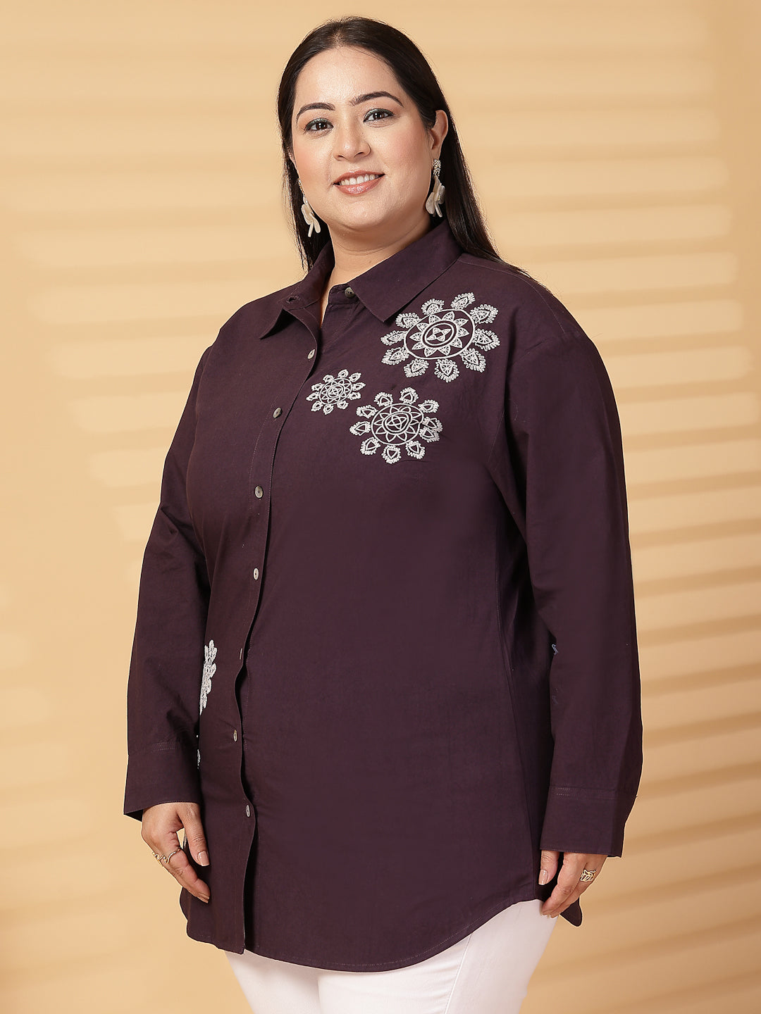 Plus Size Cotton Women Embroidered Spread Collar Shirt