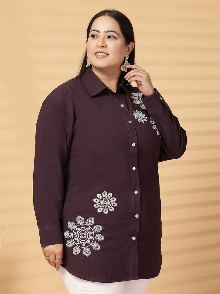 Plus Size Cotton Women Embroidered Spread Collar Shirt