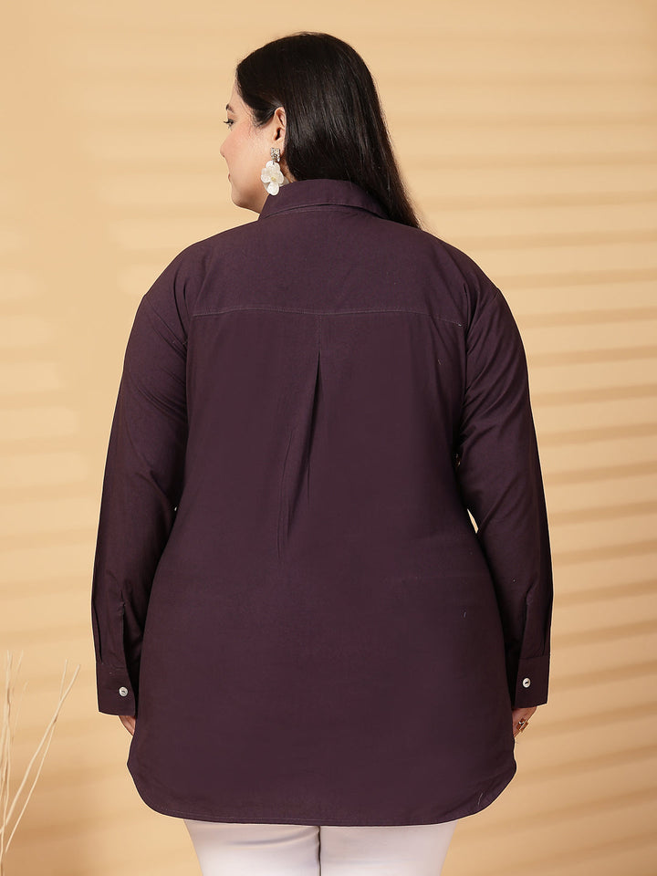 Plus Size Cotton Women Embroidered Spread Collar Shirt