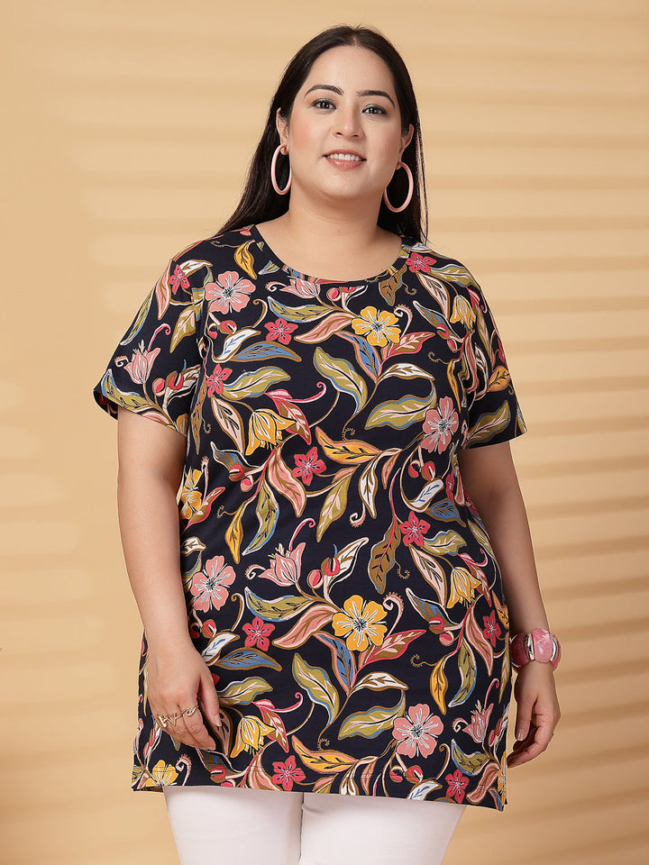 Plus Size Women Floral Printed Tropical T-shirt