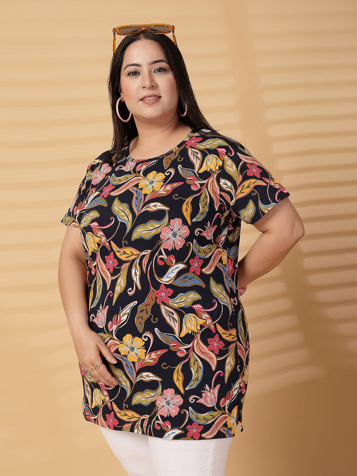 Plus Size Women Floral Printed Tropical T-shirt
