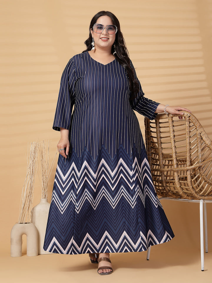 Plus Size Women Abstract Print V Neck Fit & Flare Midi Dress