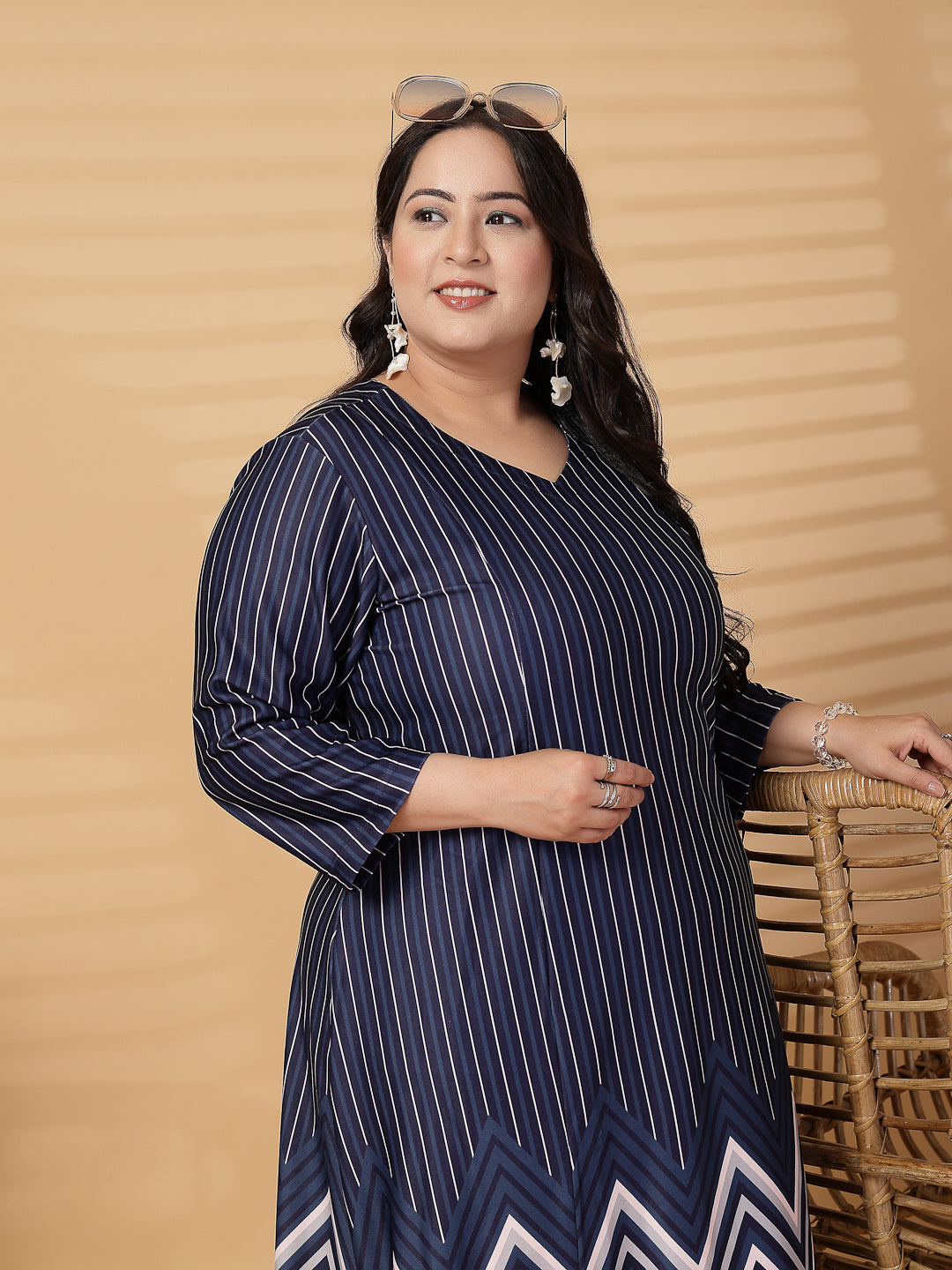 Plus Size Women Abstract Print V Neck Fit & Flare Midi Dress