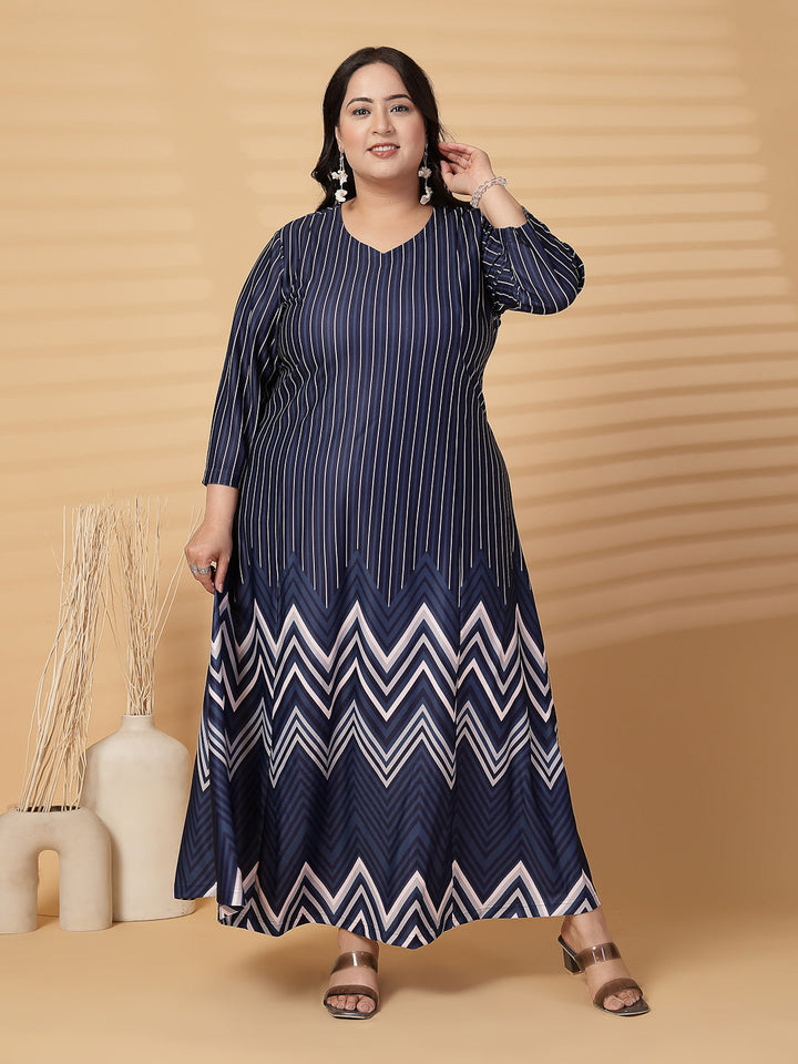 Plus Size Women Abstract Print V Neck Fit & Flare Midi Dress